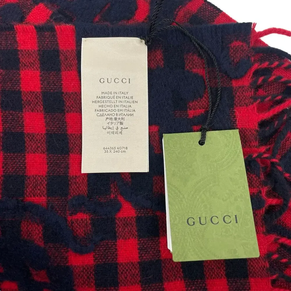 Gucci Diamcheck GG Logo Monogram Wool Jacquard Scarf Red Black 94